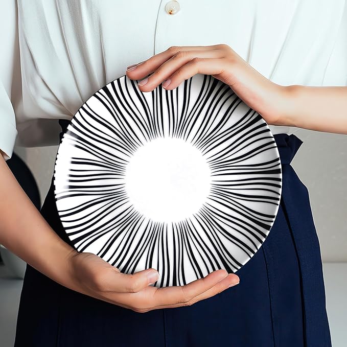 8" Black and White Striped Ceramic Plates Set of 6, Zebra Pattern Salad Plates Set, Minimalist Porcelain Dish Set, Microwave, Oven & Dishwasher Safe