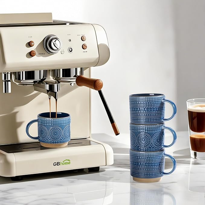 GBhome 12OZ Stackable Coffee Mugs, Ceramic Coffee Mugs with Texture Patterns for Man,Woman,Dad,Mom, Modern Coffee Mugs Set of 4 for Latte/Cappuccino/Cocoa. Dishwasher&Microwave Safe
