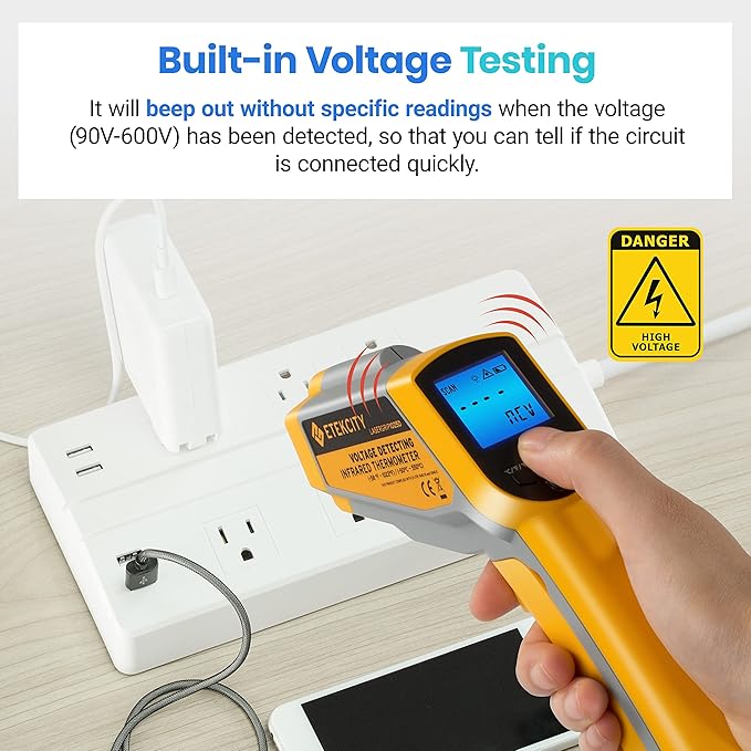 Etekcity Infrared Thermometer 1025D (Not for Human) Dual Laser Temperature Gun-58℉~1022℉ (-50℃~550℃) with Adjustable Emissivity, Non-Contact Voltage Tester (NCV), Standard Size, Yellow & Gray