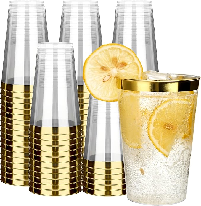 RACETOP 200 Pack 14oz Gold Rimmed Plastic Cups, Heavy Duty Disposable Glasses, Elegant Gold Rimmed Disposable Hard Cups for Party, Thanksgiving, Wine Taesting, Birthday and Christmas.