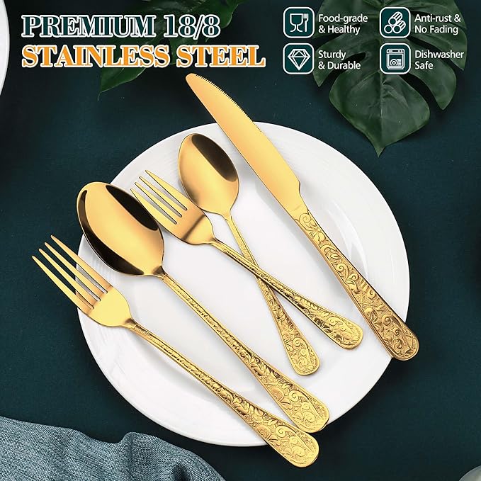 Gold Silverware Set, 30 Pieces Vintage Carved Flatware Set for 6, Stainless Steel Cutlery Set with Knife/Fork/Spoon,Utensil Set for Home and Kitchen, Dishwasher Safe