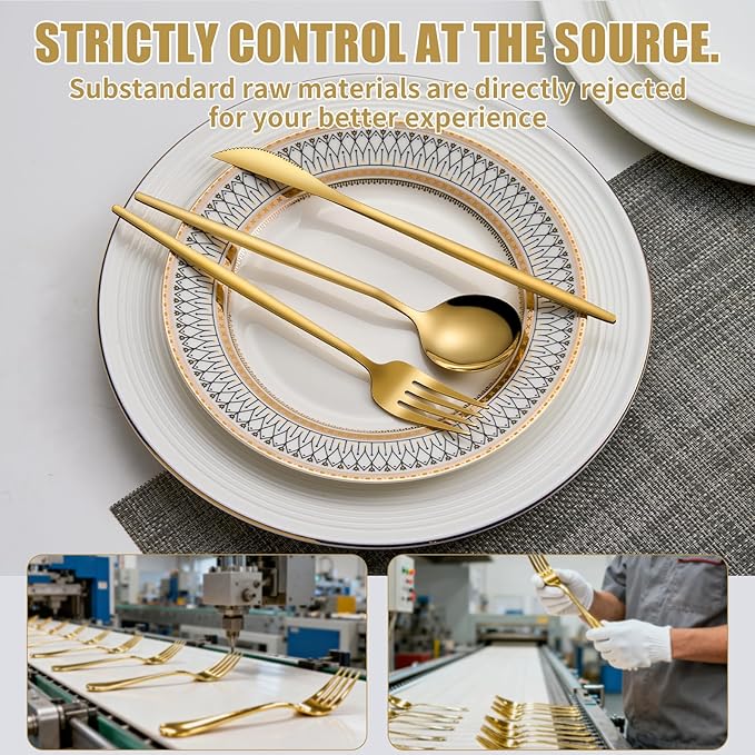 Gold Silverware Set for 8, 40 Pcs Food-Grade Stainless Steel Forks and Spoons Titanium-Coated Flatware Set Cutlery Utensil Set for Kitchen, Home, Restautant
