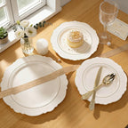 Liacere 350PCS Ivory Plastic Plates-Cream Disposable Plates With Gold Rim-50Guest Baroque Plastic Dinnerware include 100 Plates - 50 Pack Pre Rolled Napkins Silverware 50Cups for Wedding＆Mother's Day