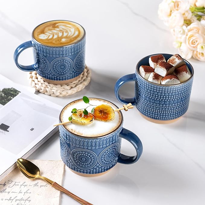 GBhome 16OZ Stackable Coffee Mugs, Ceramic Coffee Mugs with Texture Patterns for Man,Woman,Dad,Mom, Modern Coffee Mugs Set of 4 for Latte/Cappuccino/Cocoa. Dishwasher&Microwave Safe