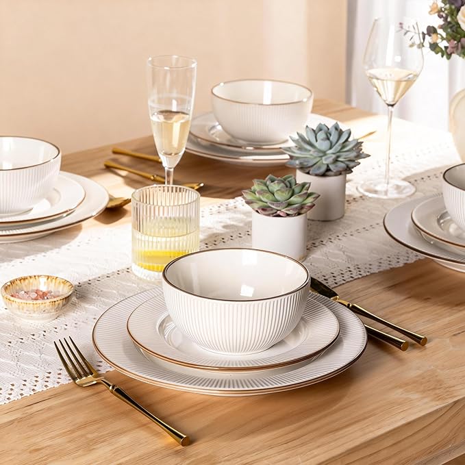 GBHOME Ceramic Dinnerware Sets, 36 pcs Embossed Elegant Stoneware Plates and Bowls Sets, Housewarming Wedding Gift | Dishwasher & Microwave Safe | Dishes Set Service for 12