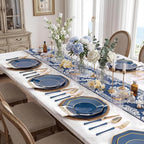KIRE 140Pcs Blue Plastic Plates with Gold Rim - Gold Disposable Plastic Silverware with Blue Handle&Clear Cups&Hand Napkin - Geometric Party Plates for Passover/Party/Graduation