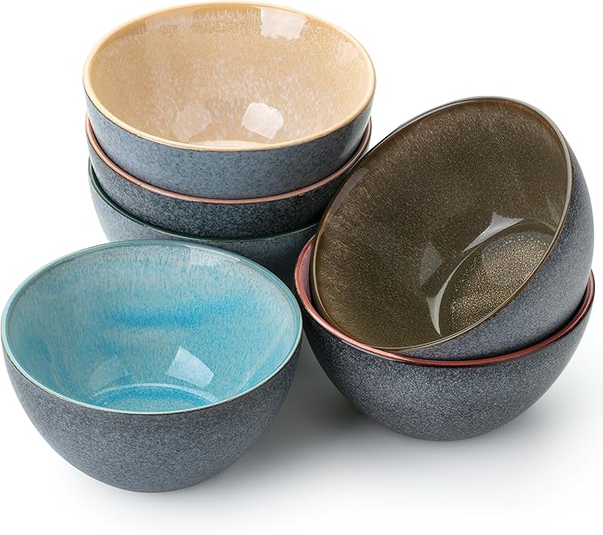 Brew To A Tea BTaT- Ceramic Cereal Bowls, 29 oz, 6 Pack, 6.3 Inches, Glazed Colors Inside, Chip-Resistant Dishwasher & Microwave Safe Bowls for Cereal, Soup, Salads, Snacks, Side Dishes