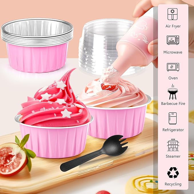 Mini Cake Pans 50 Packs with Lids and Spoons,Rectangle Aluminum Foil Loaf Baking Pans Tins Containers,Cupcake Containers Wrappers Cheesecake Creme Brulee Ramekins-6.8 Oz (Pink Round, 50 Packs)