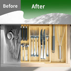 VaeFae Bamboo Kitchen Drawer Organizer, Utensil Tray with Multiple Compartments, Cutlery and Silverware Storage