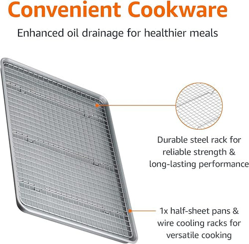 Amazon Basics Ceramic Nonstick Baking Sheet & Cooling Rack Set, Dishwasher Safe, Oven Safe, Half Sheet Size, Gray, 1-Pack
