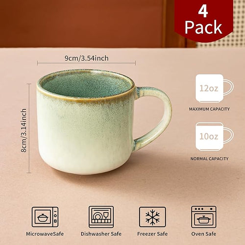 12 oz Ceramic Coffee Mugs Set of 4, Large Coffee Cups with Handles for Coffee, Tea, Cappuccino, Latte, Cocoa, Cereal, Mug Set Gift for Wedding, Microwave and Dishwasher Safe(Reactive Glaze Green)