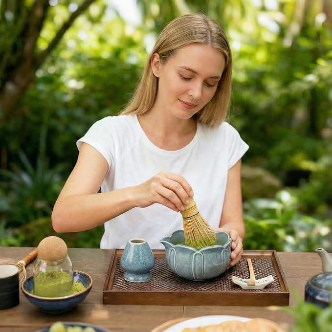 Matcha Whisk Set, Ceramic Matcha Set 8 Pcs, Matcha Kit Set Includes Matcha Bowl, Matcha Whisk and Holder, Bamboo Scoop and Rest, Sifter and Tea Towel, Ideal Gift for Family/Friend (Blue)