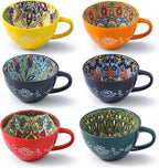 Coffee Mug Set of 6, 15 oz Boho Coffee Mug Ceramic with Handle, Porcelain Tea Cups Set, 6 Pcs Coffee Cups for Cappuccino and Latte, Microwave & Dishwasher Safe, Ideal Gift for Family/Friend