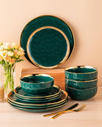LOVECASA 12 Pieces Plates and Bowls Sets, Porcelain Green and Gold Dinnerware Sets, Round Dinner Plates Dishes Set Service for 4, Dishwasher Safe and Scratch Resistant, Green