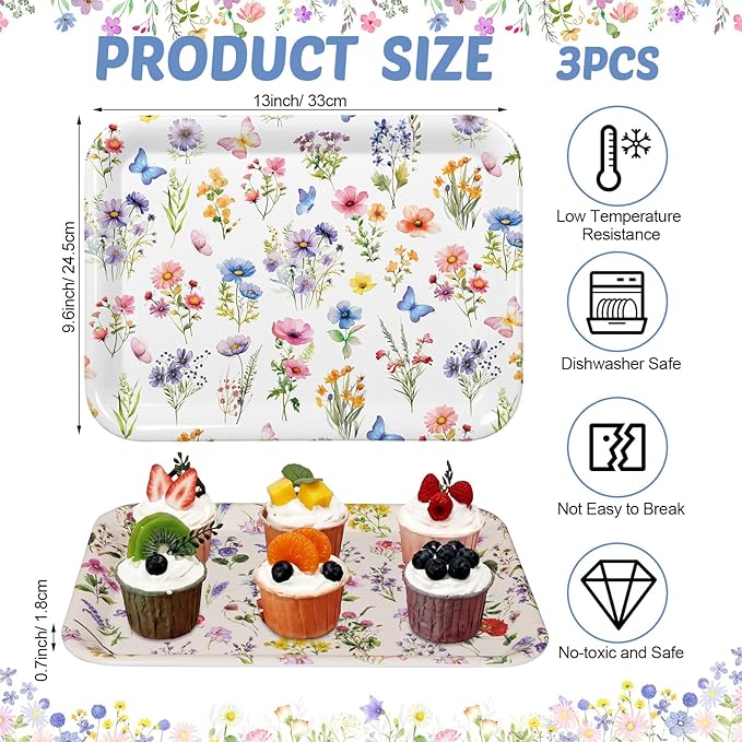 Vesici 3 Pcs Spring Wildflower Serving Trays 13 x 10 Inch Colorful Floral Melamine Platters Reusable Rectangular Serving Dishes for Wedding Bridal Tea Party Sharing Snacks Fruit Dessert Candy