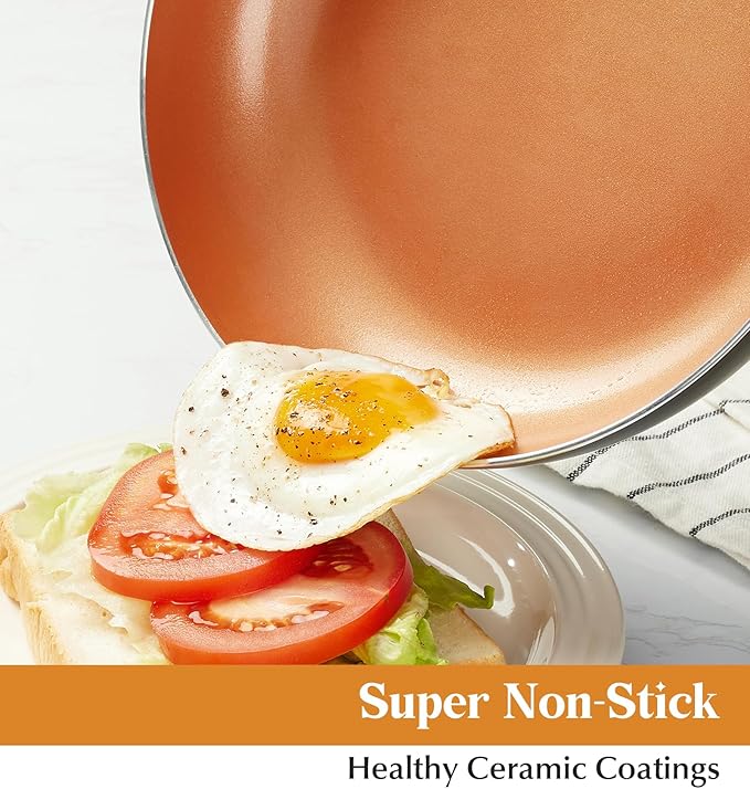 KOCH SYSTEME CS 10in Copper Nonstick Frying Pans with Lids and Titanium Ceramic Interior,100% PFOA-Free Saute Pan/Skillet for All Stove Tops,Stainless Handle,Omelet Pan Cookware