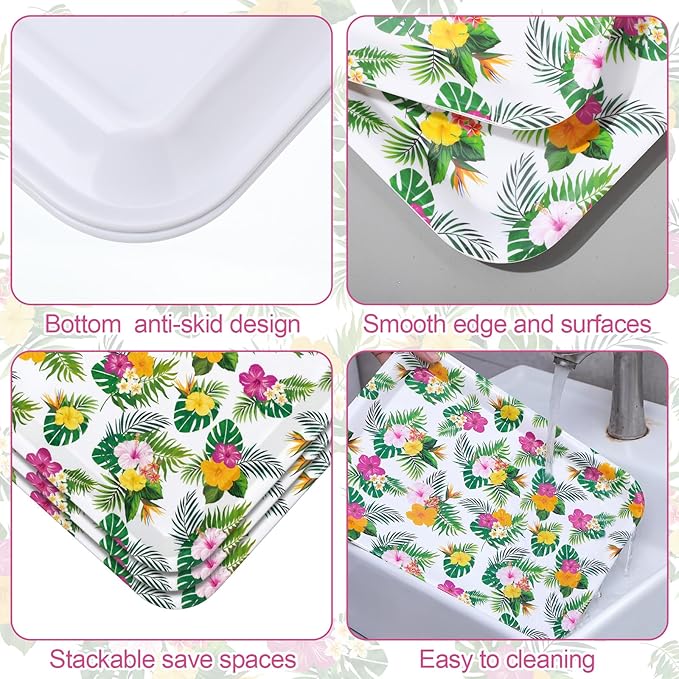 Vesici 3 Pcs Hawaiian Luau Serving Trays 13 x 10 Inch Aloha Tropical Palm Leaf Hibiscus Floral Melamine Platters Reusable Rectangular Serving Dishes for Summer Beach Party Sharing Snacks Fruit Dessert