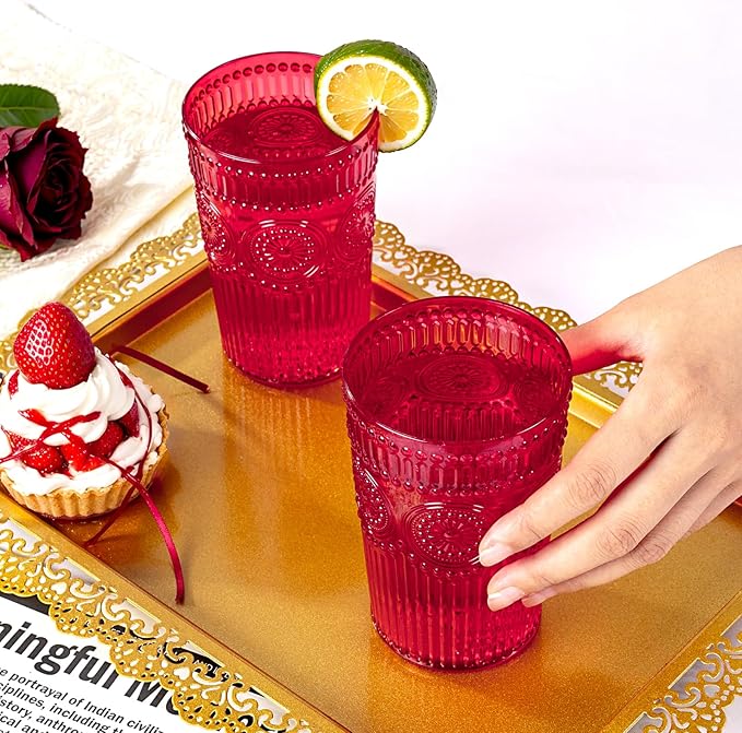 Ciaell 12 Pack Romantic Plastic Water Glasses - 14 Oz Red Vintage Drinking Glasses, Embossed Ribbed Plastic Cups, Textured Striped Set for Juice, Beverages, Beer, Cocktail