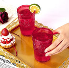 Ciaell 12 Pack Romantic Plastic Water Glasses - 14 Oz Red Vintage Drinking Glasses, Embossed Ribbed Plastic Cups, Textured Striped Set for Juice, Beverages, Beer, Cocktail