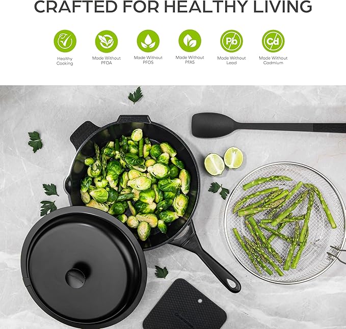 Granitestone ZUKA 10 in 1 Ceramic Pan, Large 12 Inch Saute Pan with Lid Serves as Deep Frying Pans Set with Steamer, Everyday Skillet, Non Toxic Ceramic Nonstick, Induction Oven & Dishwasher Safe