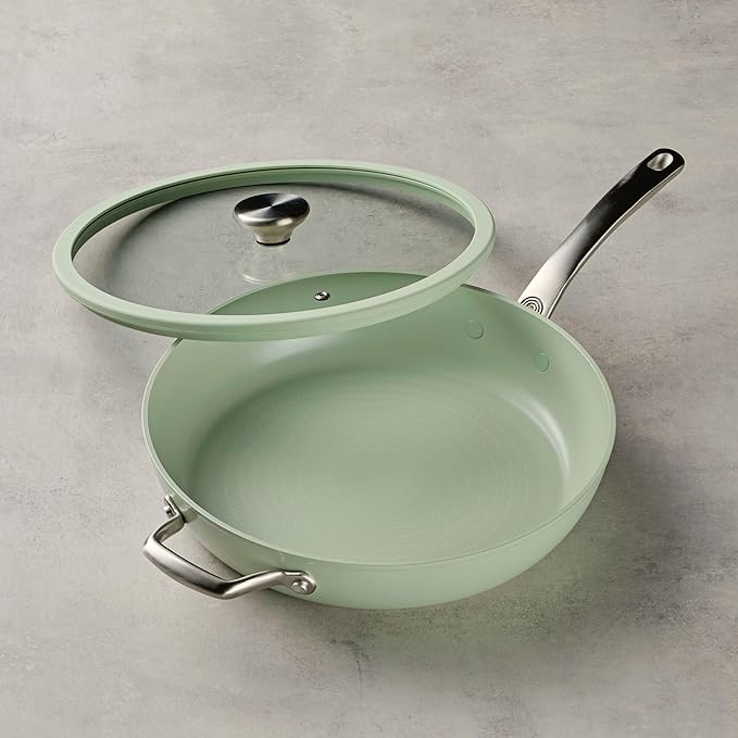 Circulon Halo with LaserDefense Ceramic Nonstick Frying Pan with Helper Handle and Lid, Made Without PFAS, Compatible with All Stovetops, Dishwasher and Oven Safe, 12 Inch Skillet - Sage