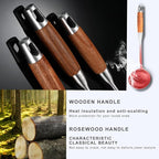 Stainless Steel Kitchen Utensils Set with Wooden Handle, 6 PCS Professional Cooking Utensils Set 15", Wok Spatula, Ladle, Skimmer, Slotted Spatula Turner, Spaghetti Spoon, Large Spoon