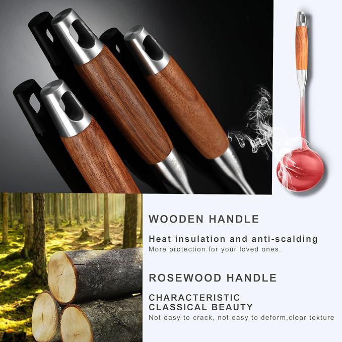 Stainless Steel Kitchen Utensils Set with Wooden Handle, 6 PCS Professional Cooking Utensils Set 15", Wok Spatula, Ladle, Skimmer, Slotted Spatula Turner, Spaghetti Spoon, Large Spoon
