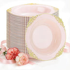 100PCS Pink Plastic Bowls - 12 oz Pink Gold Disposable Salad Bowls - Heavy Duty Soup Bowl - Fancy Plastic Ice Cream Bowl for Weddings Parties Dinners Picnics Mother‘s Day