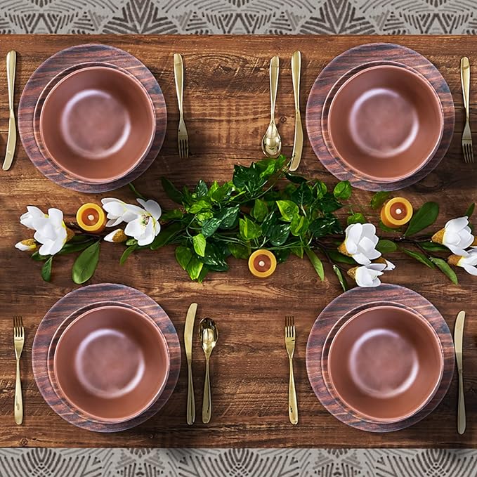 TP 12-Piece Melamine Dinnerware Sets, Plates and Bowls Dishes Set for 4, Break-Resistant & Non-Microwavable, Lightweight Dinner Plates, Wood Grain