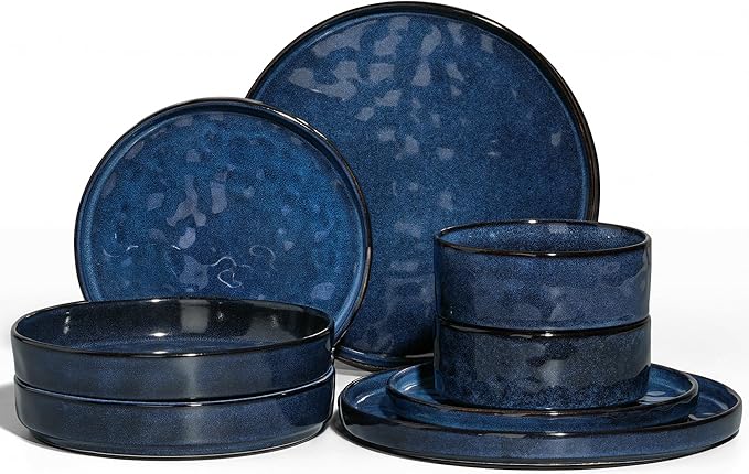 E-far 8-Piece Plates and Bowls Sets with Pasta Bowls - Stoneware Dinnerware Set for 2, Modern Ribbed Dishes, Microwave & Dishwasher Safe, Starry Blue