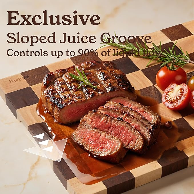 SMIRLY Wood Cutting Boards for Kitchen Wooden Chopping Board Set Reversible with Deep Juice Grooves Grip Handles, Large Charcuterie Tray for Home Kitchen, Rubber Wood, 3Pcs with Holder