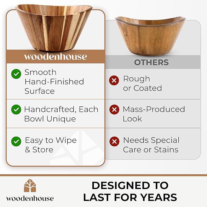 Extra Large Wooden Salad Bowl - Acacia 12” Multi-Purpose Wood Bowls - Decorative Bowls for Home Decor, Storage, Serving, Yarn - Durable Wavy Handmade Design - Wooden Fruit Bowl for Kitchen Counter