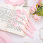 KIRE 150 Pieces Pink Plastic Plates Disposable - Pink Dinnerware Set Include 25 Dinner & 25 Salad Plates 25 Forks 25 Knives 25 Spoons 25 Cups for Baby Shower/Bridal Shower/Mother's Day
