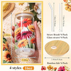 Mumufy 4 Pack Oil Flower Themed Gifts for Women Cute Glass Cup Tumbler Flower Iced Coffee Mugs 16 oz Glass with Bamboo Lid & Straw, Christmas Mothers Day Birthday Gift for Mom Sister Bridesmaid