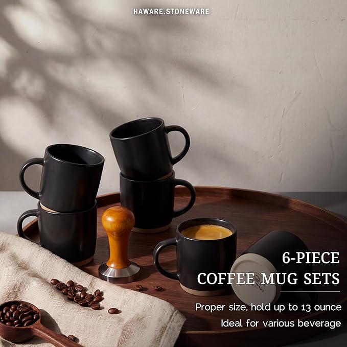 HaWare 13OZ Coffee Mugs Set of 6, Stoneware Coffee Cups, Ceramic Latte Mug for Man, Woman, Dad, Mom, Modern Tea Mugs for Latte/Cappuccino/Cocoa/Milk, Dishwasher& Microwave Safe, Frosting Black