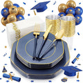 KIRE 140Pcs Blue Plastic Plates with Gold Rim - Gold Disposable Plastic Silverware with Blue Handle&Clear Cups&Hand Napkin - Geometric Party Plates for Passover/Party/Graduation