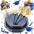 KIRE 140Pcs Blue Plastic Plates with Gold Rim - Gold Disposable Plastic Silverware with Blue Handle&Clear Cups&Hand Napkin - Geometric Party Plates for Passover/Party/Graduation
