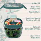 Bentgo Glass Prints Salad Container - 7.6-Cup Tinted Glass Salad Bowl with Airtight Lid, Leak-Proof Sauce Container, 4-Compartment Bento Meal Prep Tray & Reusable Fork (Floral Maximalist - Sea)