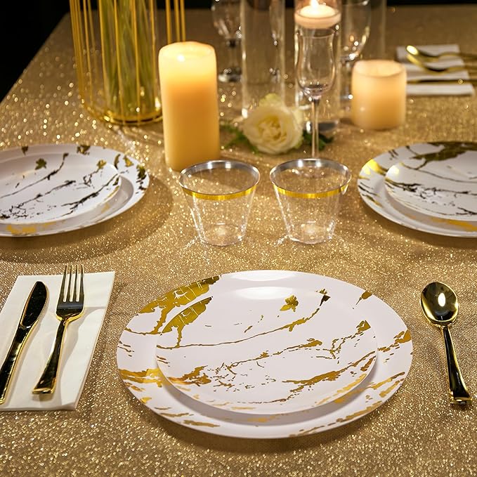 JOLLY PARTY 180PCS Disposable Dinnerware Set 30 Guest, 60 White and Gold Plastic Plates, 30 Plastic Silverware, 30 Cups, Marble Design Disposable Dinnerware for Wedding, Thanksgiving and Parties