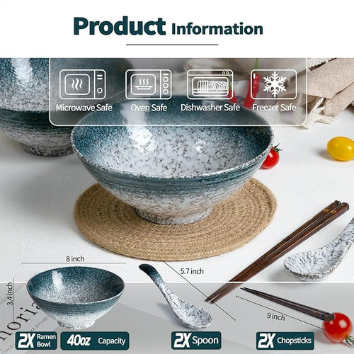 40 oz Ceramic Ramen Bowl Set of 2, Ramen Noodle Bowl with Spoons and Chopsticks 8 Inch Japanese Retro Style Large Soup, Pho, Udon Bowls, Microwave & Dishwasher Safe, Stone