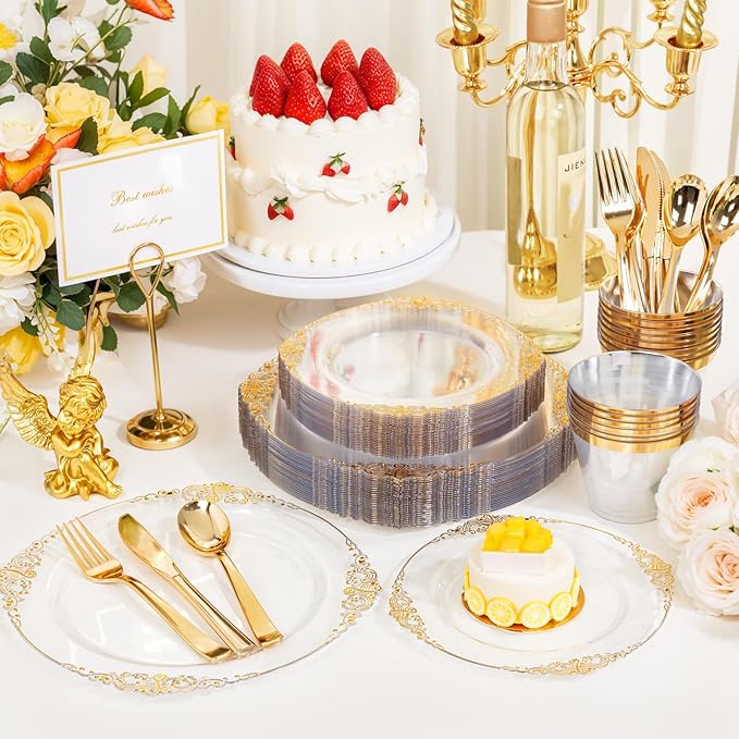 Hioasis 300pcsClear and Gold Plastic Plates - Disposable Dinnerware Set Perfect for 50 Guests include 50 Dinner Plate, 50 Dessert Plate, 50 Forks,50 Spoons, 50 Knives, 50 Cups (NO Napkins Included)