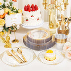 Hioasis 300pcsClear and Gold Plastic Plates - Disposable Dinnerware Set Perfect for 50 Guests include 50 Dinner Plate, 50 Dessert Plate, 50 Forks,50 Spoons, 50 Knives, 50 Cups (NO Napkins Included)