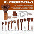 Wooden Kitchen Utensil Set 12 Piece- Teak Wood Cooking Utensils Set with Holder, Wooden Spoons for Cooking, Non-Toxic Natural Wood Kitchen Tools
