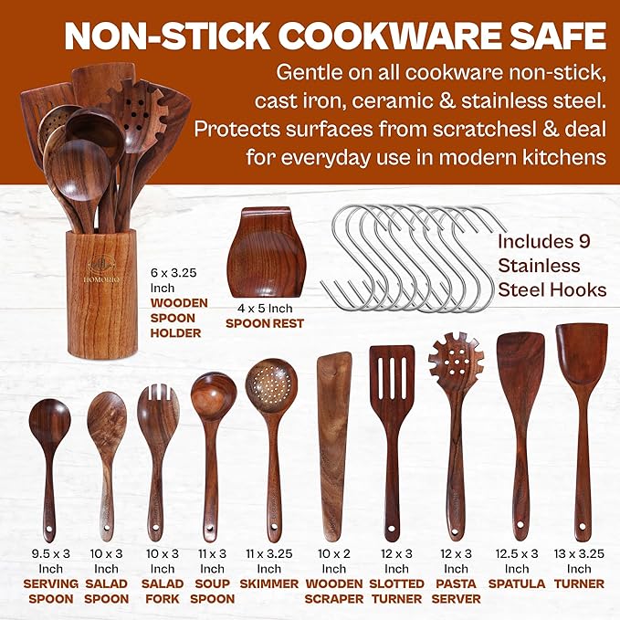 Wooden Kitchen Utensil Set 12 Piece- Teak Wood Cooking Utensils Set with Holder, Wooden Spoons for Cooking, Non-Toxic Natural Wood Kitchen Tools