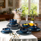 GBHOME Ceramic Dinnerware Sets for 4, 12 Pieces Stoneware Plates and Bowls Sets, Scratch Resistant Dishes, Dishwasher & Microwave Safe, Reactive Glaze-Pacific Blue