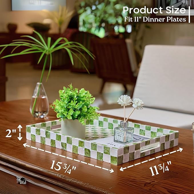 CHI AN HOME 15.8" x 11.8" Decorative Rectangular Tray with Natural Capiz Shells, Checkered Tray with Handles, Serving Tray for Ottoman, Coffee Table, Kitchen Counter Home Decor (Pistachio Green)
