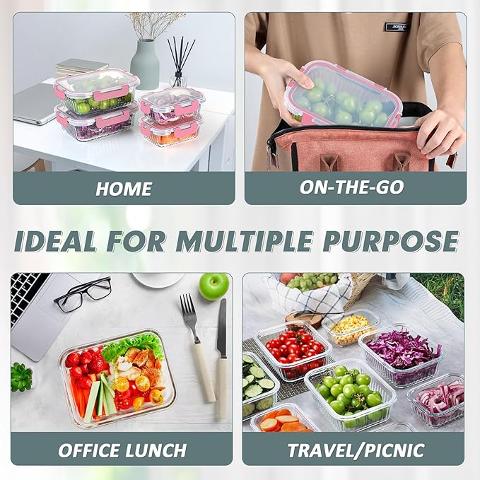 KOMUEE 10 Packs Glass Meal Prep Containers with Lids, Glass Food Storage Containers Set, Airtight Lunch Containers, Microwave, Oven, Freezer and Dishwasher Safe, Pink