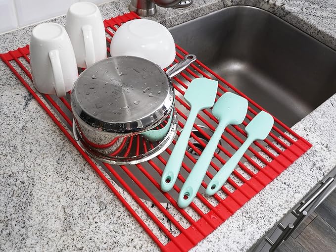 Zulay Kitchen Large Roll Up Dish Drying Rack - Heavy Duty Silicone Wrapped Steel Rods Over Sink Dish Drying Rack - Versatile Roll Up Sink Drying Rack & Trivet - Red,20.5 inches x 13 inches