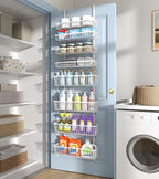 Over The Door Pantry Organizer, Pantry Organization and Storage, 8-Tier Deep Baskets Hanging Heavy-Duty Metal, Wall Spice Rack Seasoning Shelves for Home & Kitchen, Laundry Room Bathroom, White