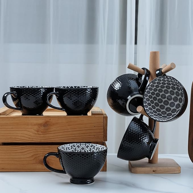 LEHAHA Coffee Mugs Set of 6, 14 Ounces footed Ceramic Mugs, Porcelain Black Coffee cups with handle for men women for Coffee, Tea, Cappuccino, Cocoa, Cereal, Black